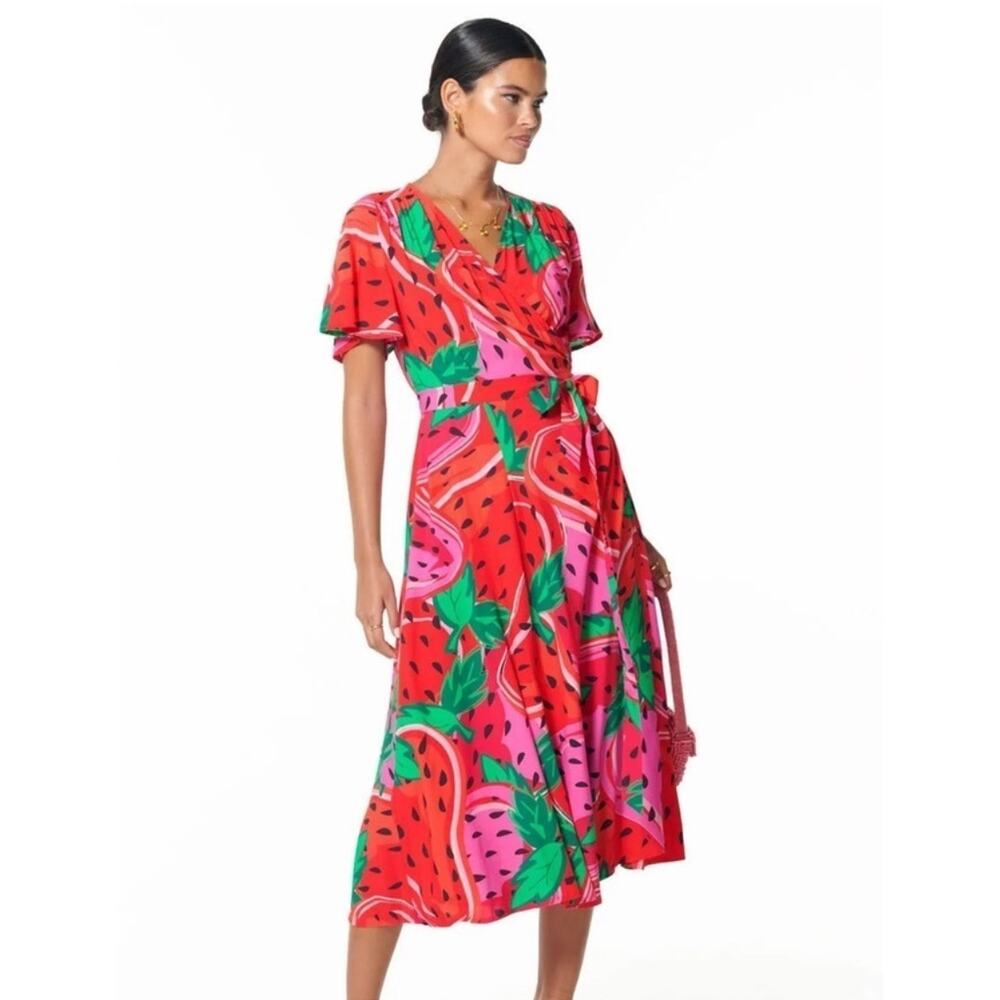 Never Fully Dressed Zsa Zsa Wrap Midi Dress Strawberry Printed Belted Maxi